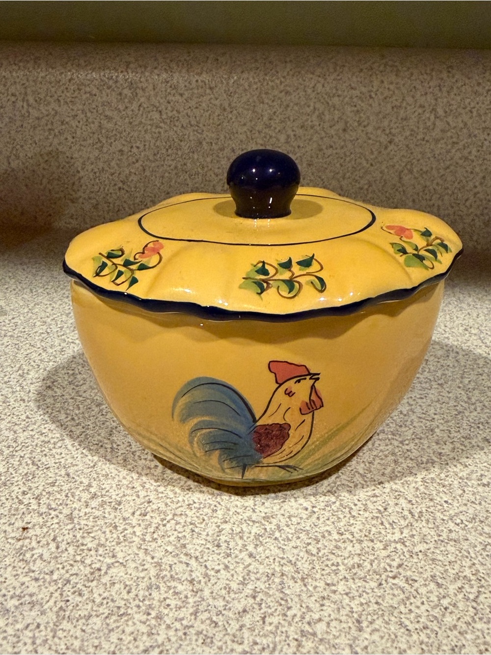 Cracker Barrel Yellow Rooster Ceramic Lidded Canister with Navy Knob